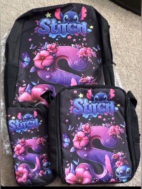Disney Black Purple Pink Stitch Floral Backpack & Accessories Set
